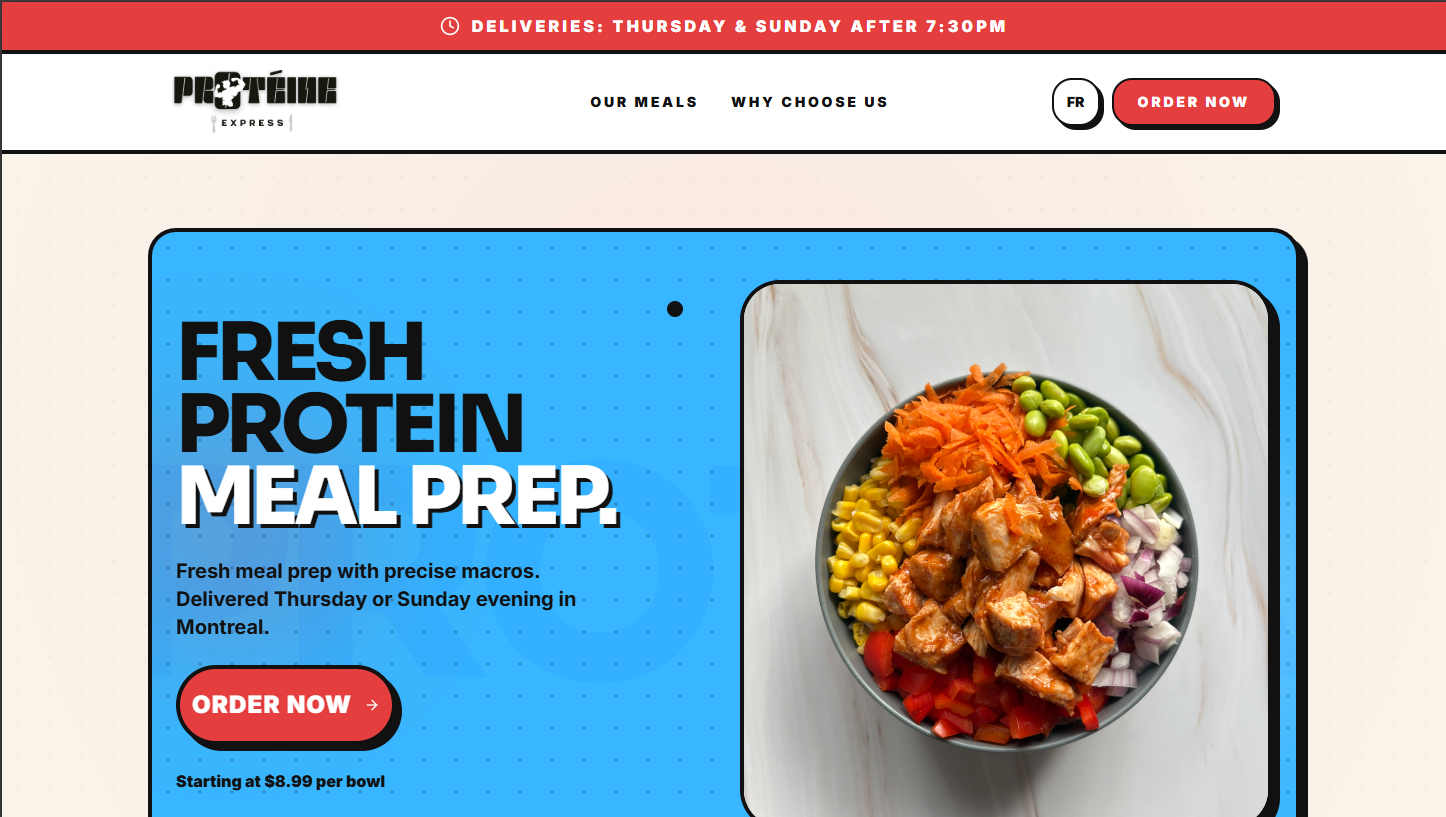 Proteine Express homepage showing protein bowls and delivery schedule