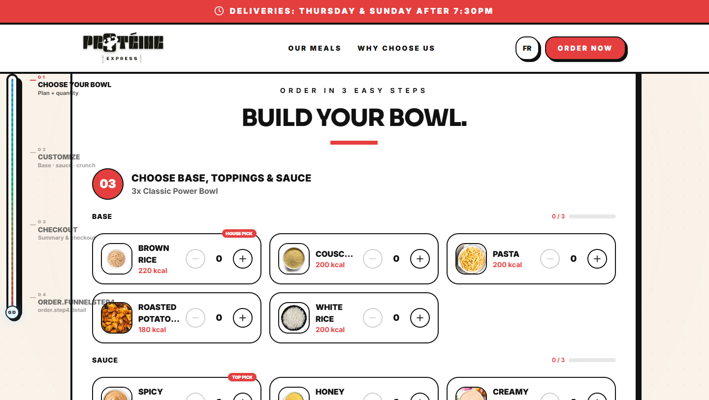 Bowl builder interface with base, protein, sauce, and topping selection