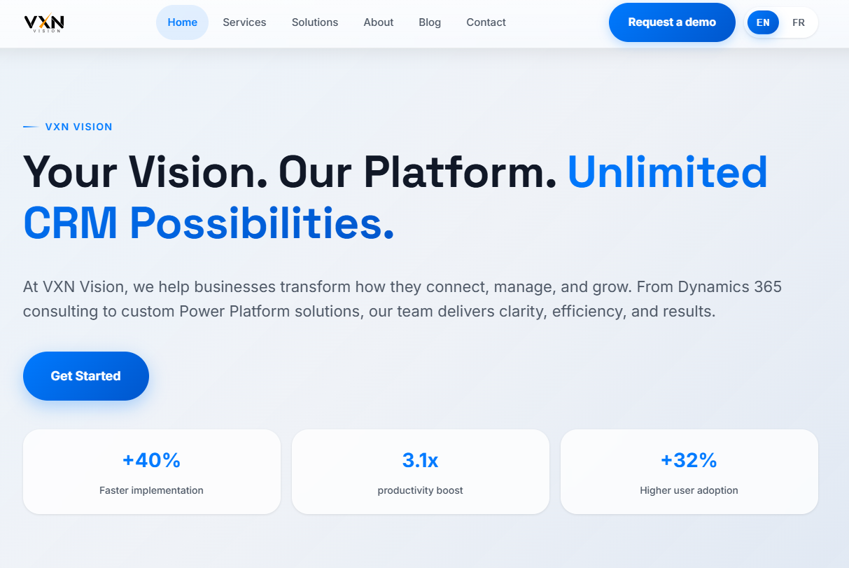 VXN Vision consulting homepage focused on Dynamics 365 and Power Platform