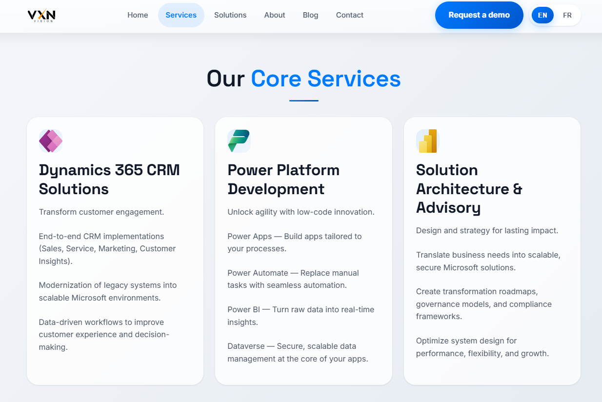 Services section presenting Dynamics 365, Power Platform, and integration offerings