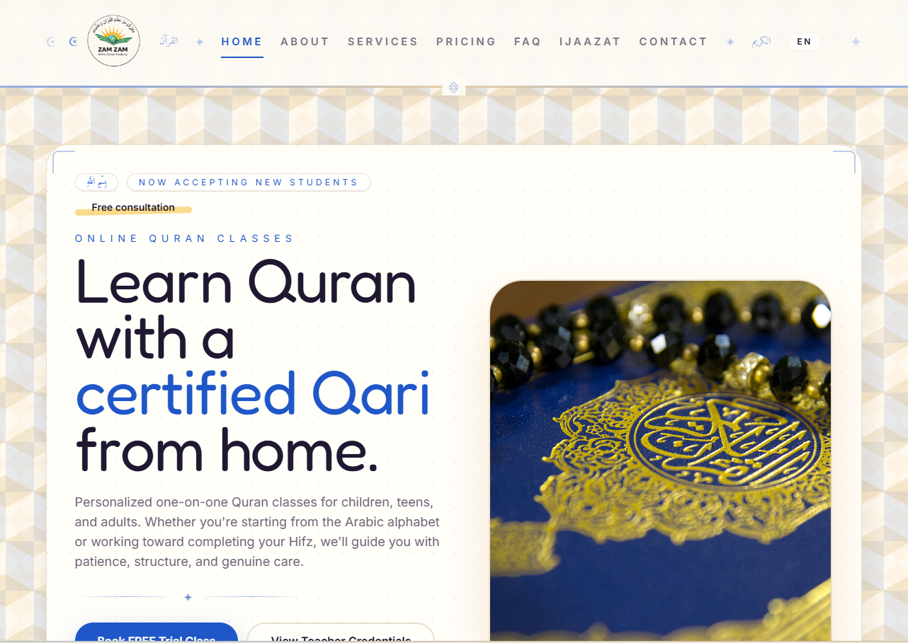 Zamzam Online Quran homepage showcasing online Quran classes